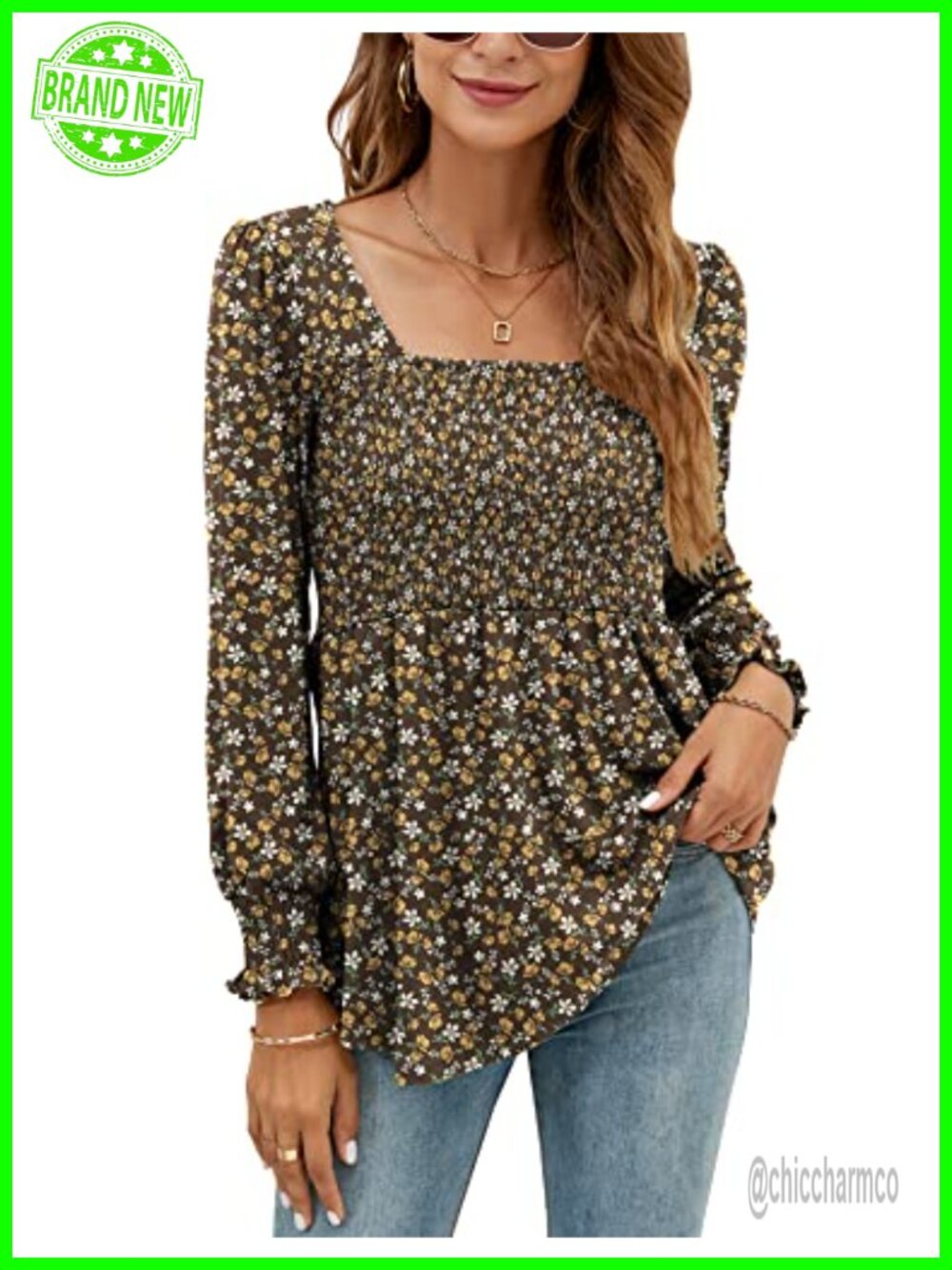 LOMON Women's Puff Long Sleeve Square Neck Smocked Tunic Blouse
